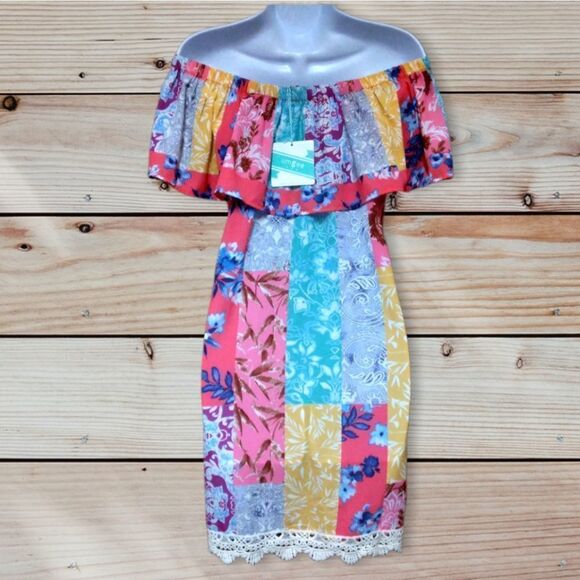 UMGEE | PATCHWORK PAISLEY COLORFUL BOHO BEACHY  OFF THE SHOULDER STRAPLESS DRESS - Picture 11 of 16